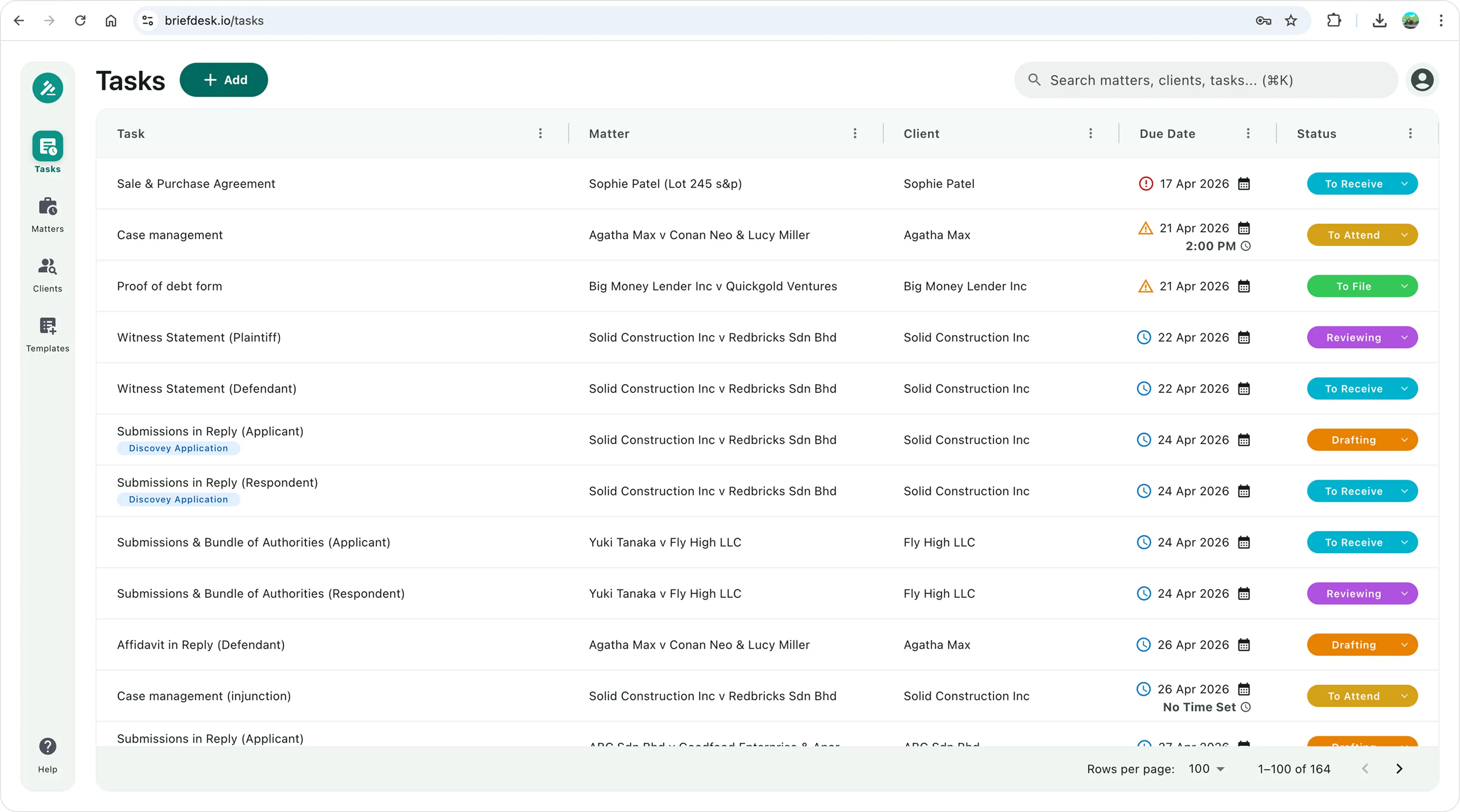 Briefdesk app — Tasks view